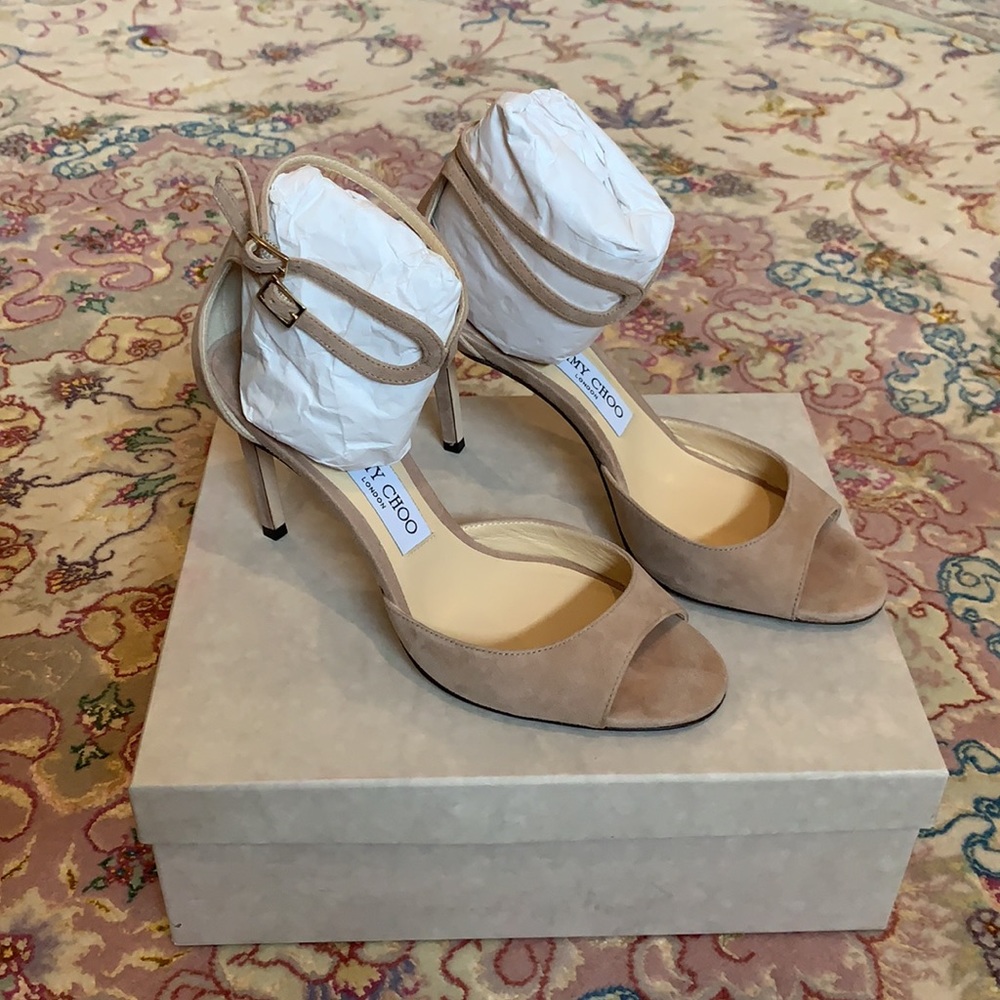 Jimmy Choo Lance 85 ballet pink suede sandals.